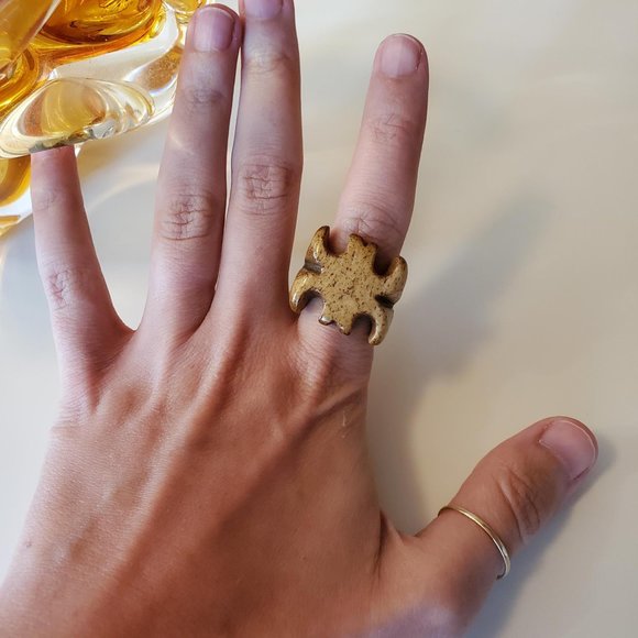 Hand Carved Natural Bone Maltese Cross Etched Statement Ring - Picture 3 of 7